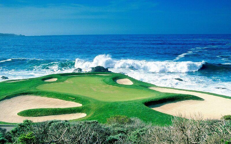 Golf Course by Ocean — Green, Serene, Afternoon, Photograph, Waves, Sand Traps, Blue