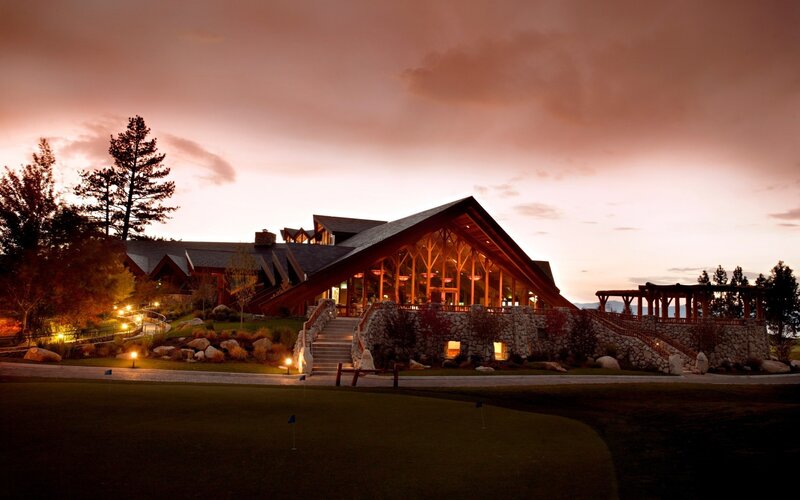 Golf course clubhouse at dusk