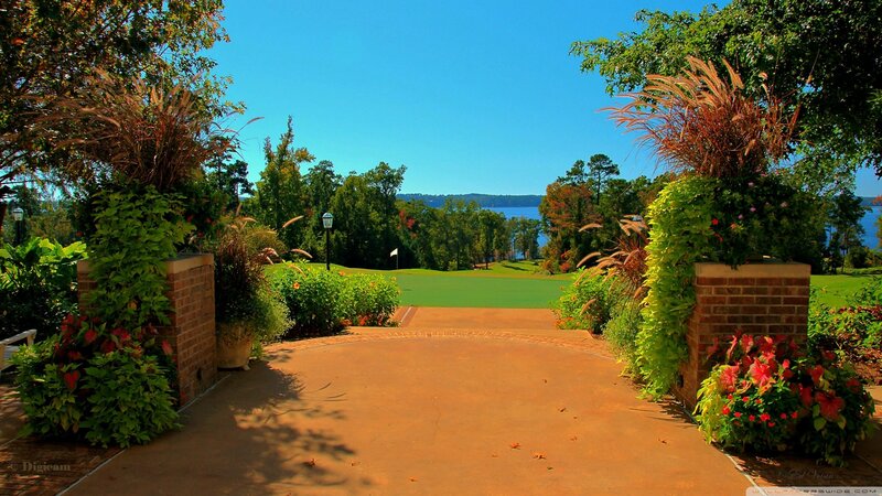 Golf course entrance with lake view