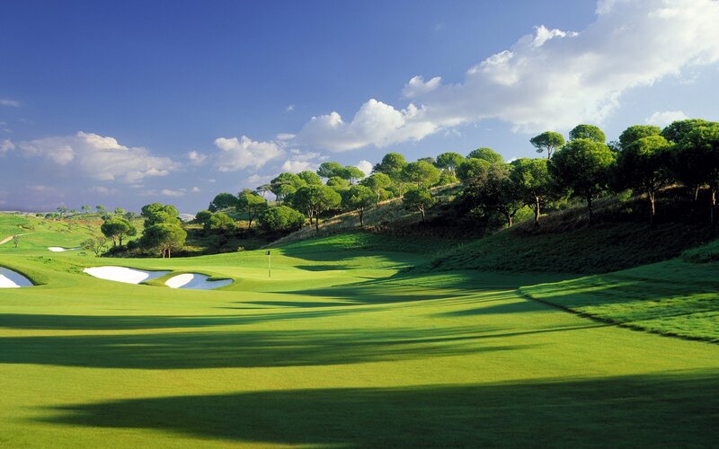 Golf Course Landscape — Green, Serene, Afternoon, Photograph, Trees, Sand Traps
