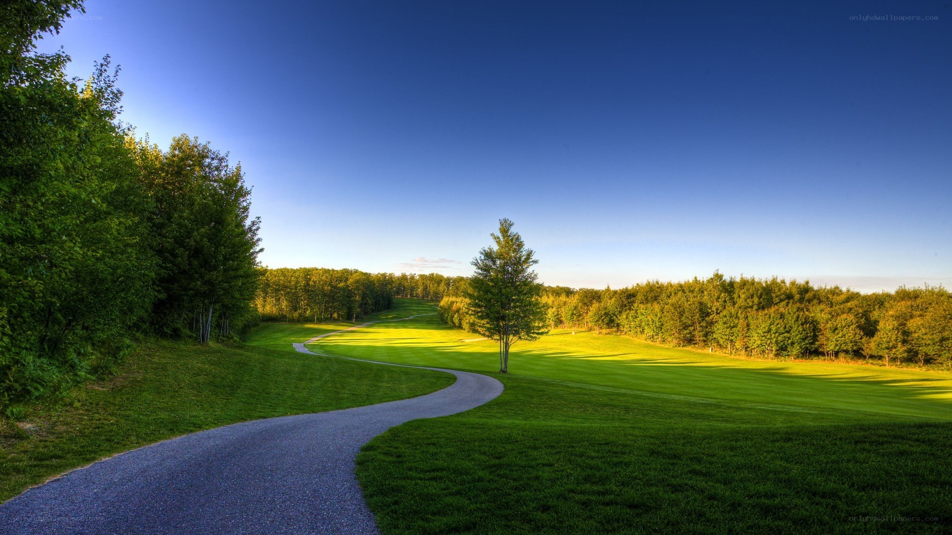Golf course path at sunset