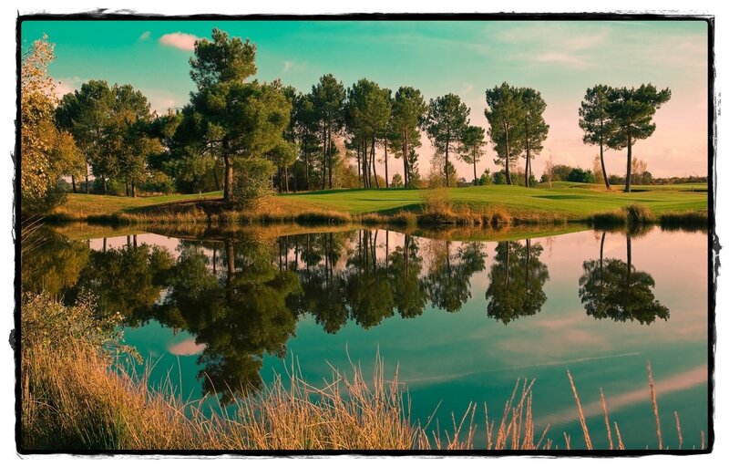 Golf Course Pond — Green, Serene, Sunset, Photograph