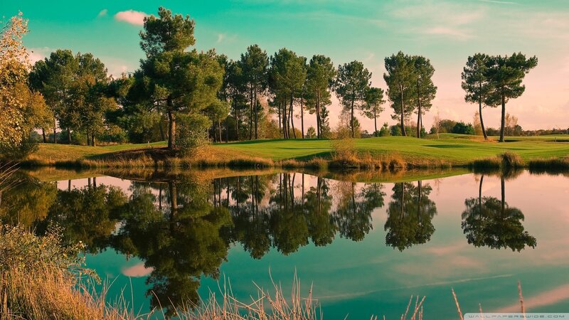 Golf Course Pond — Green, Serene, Sunset, Photograph, Trees