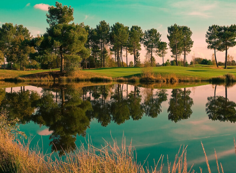 Golf Course Pond — Green, Serene, Sunset