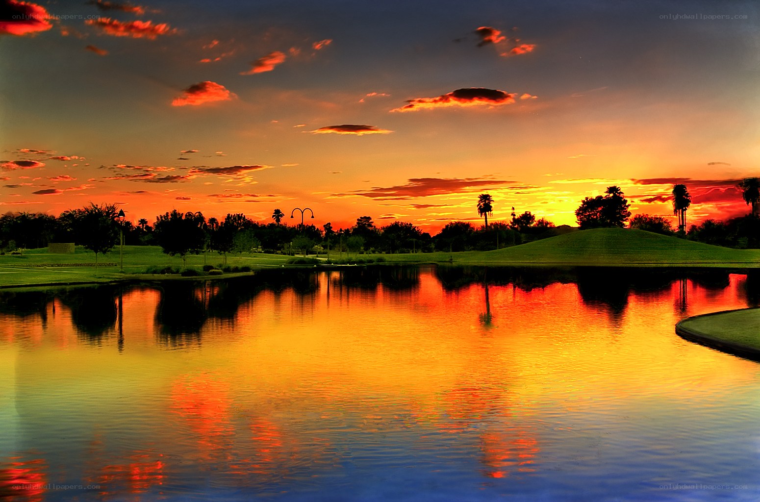 Golf course sunset reflection