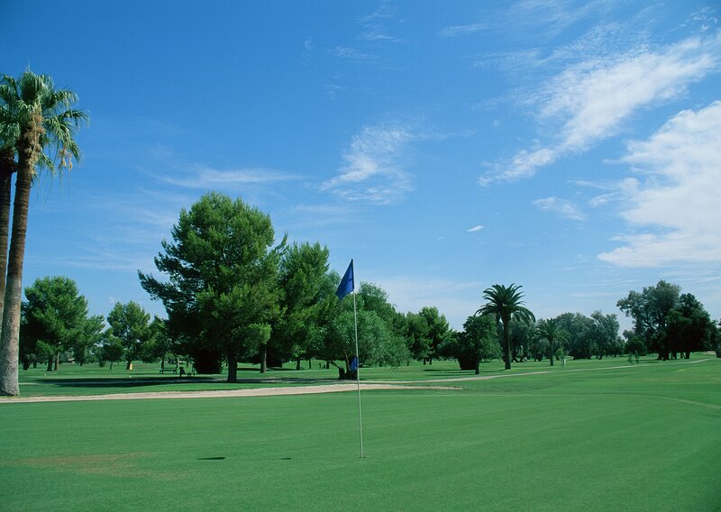 Golf course with blue flag