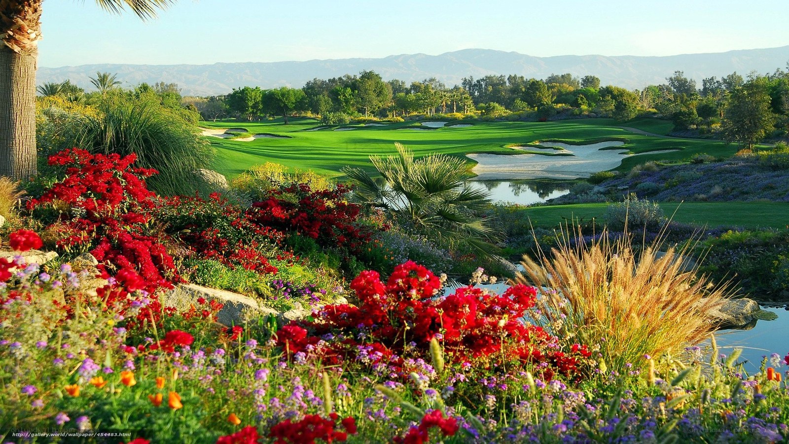 Golf course with colorful flowers
