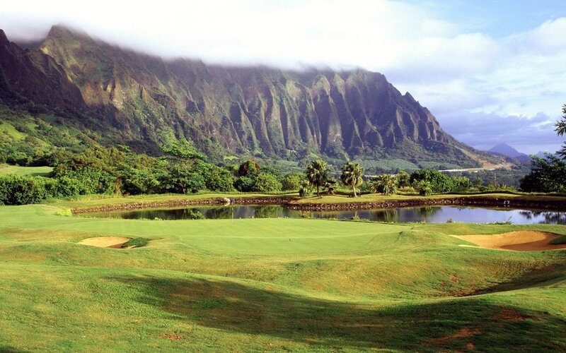 Golf Course with Mountains — Green, Serene, Afternoon, Photograph, Pond, Palm Trees
