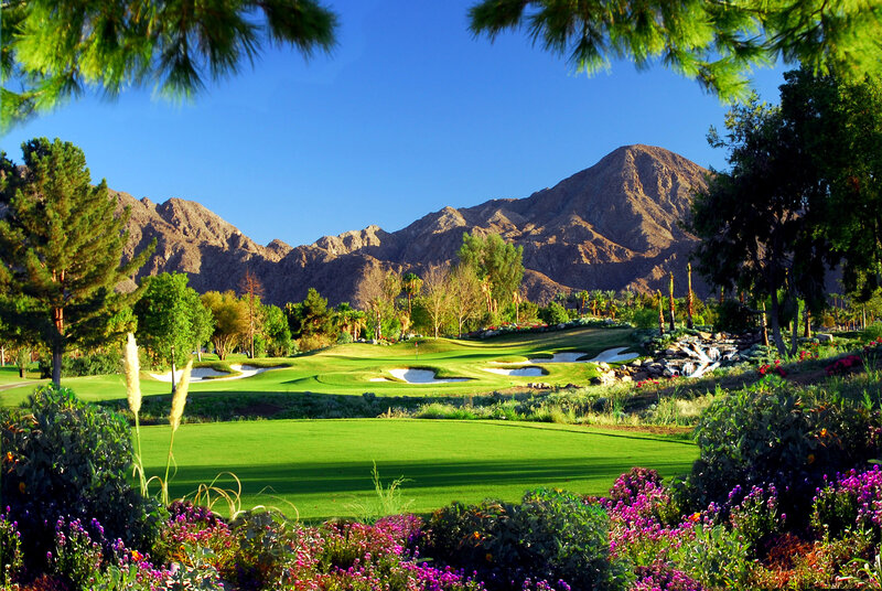 Golf Course with Mountains — Green, Serene, Afternoon, Photograph, Trees, Flowers