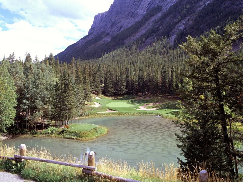 Golf Course with Pond — Green, Serene, Afternoon, Photograph, Mountain, Forest