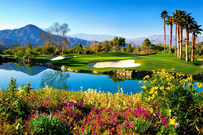 Golf Course with Pond — Green, Serene, Afternoon, Photograph, Mountains, Palm Trees