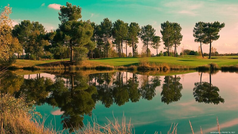 Golf Course with Pond — Green, Serene, Sunset, Photograph