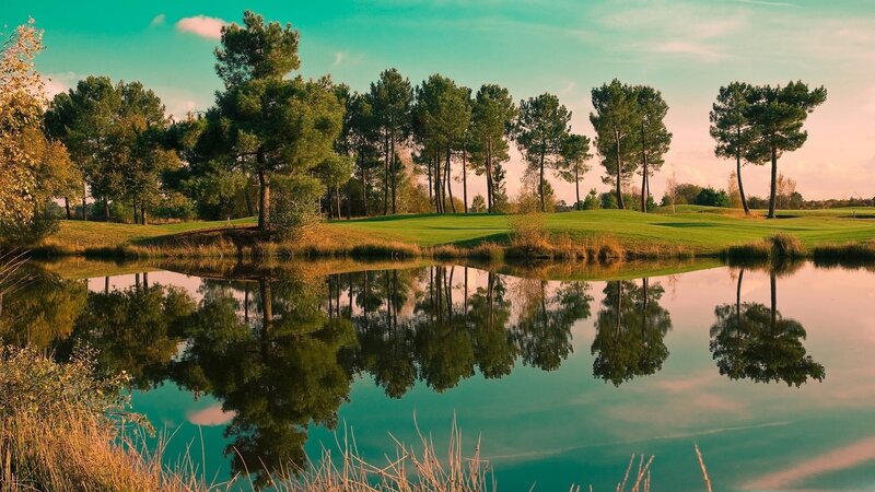 Golf Course with Pond — Green, Serene, Sunset, Photograph, Trees