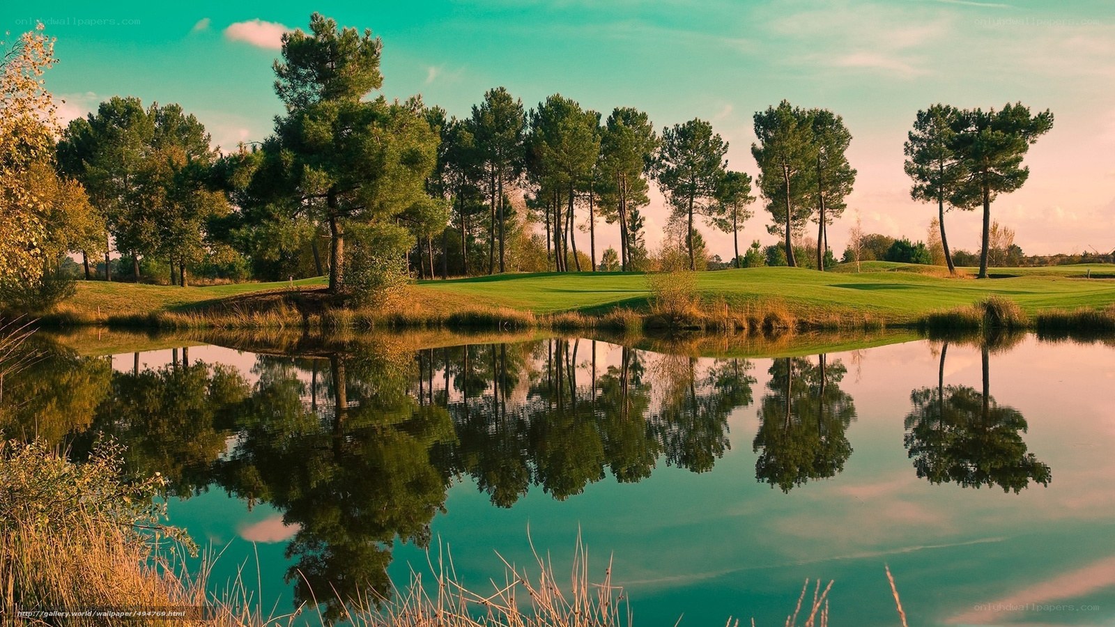 Golf course with pond reflection