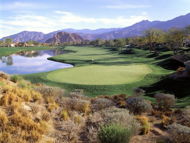 Golf Course with Water Hazard — Green, Serene, Afternoon, Photograph, Mountains