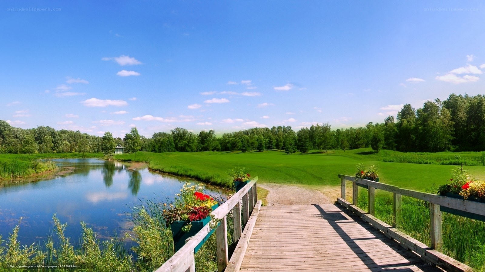 Golf course with wooden bridge