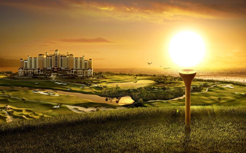 Golf resort at sunset