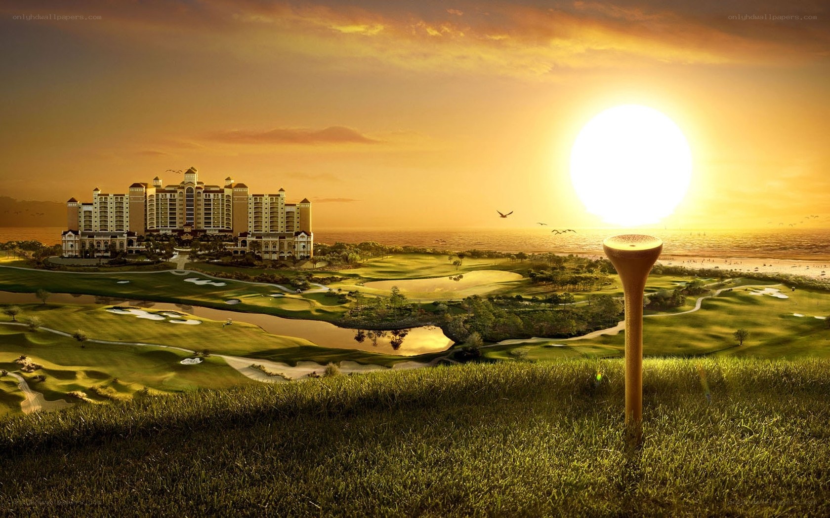 Golf resort at sunset