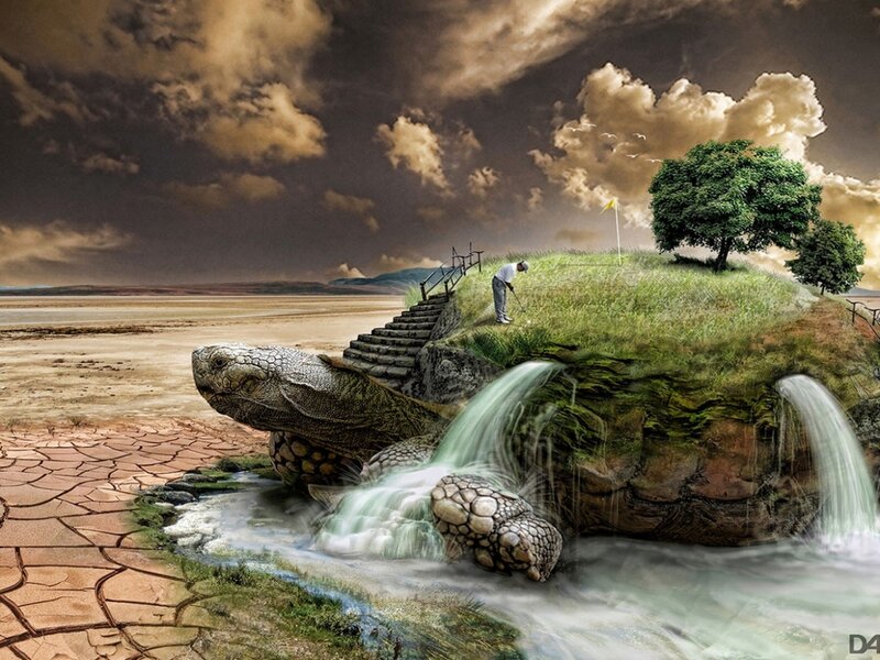 Golfer on Turtle Island — Green, Dramatic