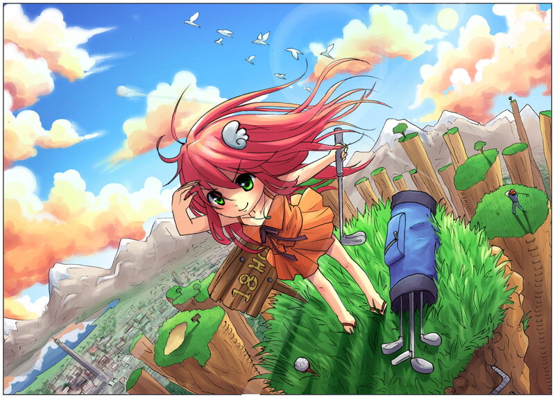 Golfing anime girl on cliff