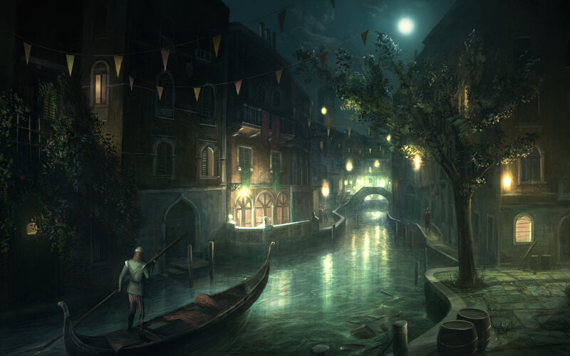 Gondola at night in Venice