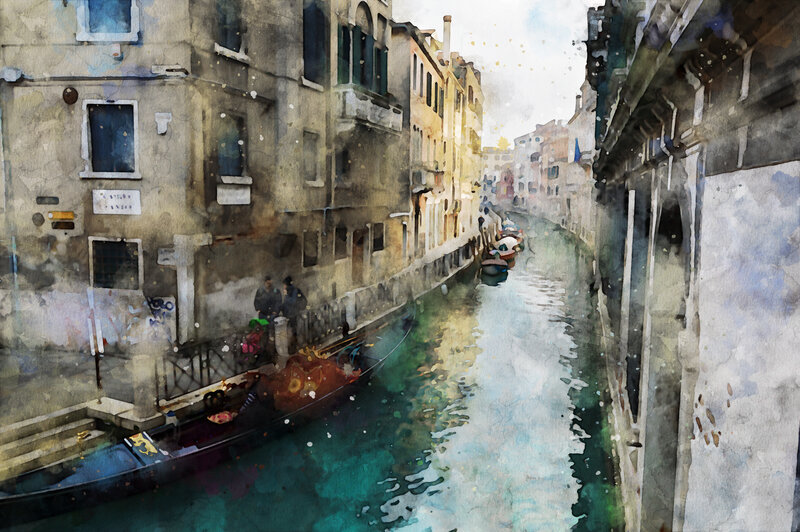 Gondola in Canal — Blue, Serene, Afternoon, Painting