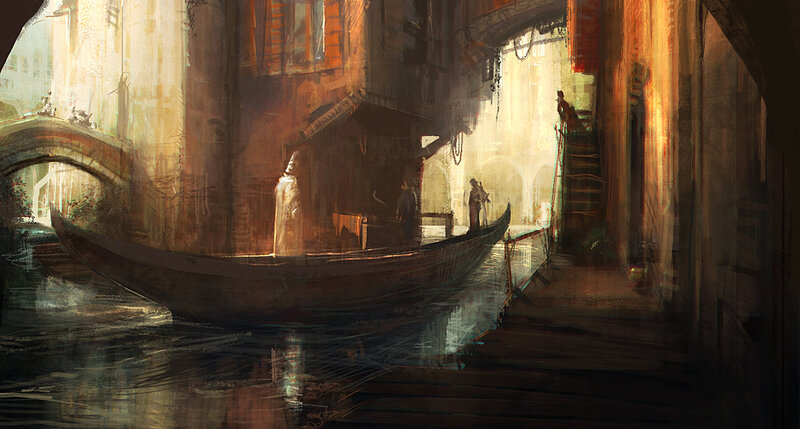 Gondola in Canal — Brown, Dramatic, Sunset