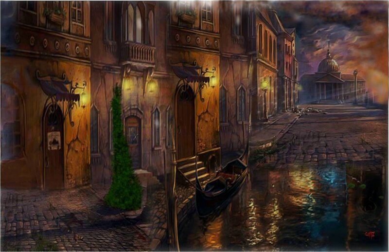 Gondola in Canal — Brown, Dramatic