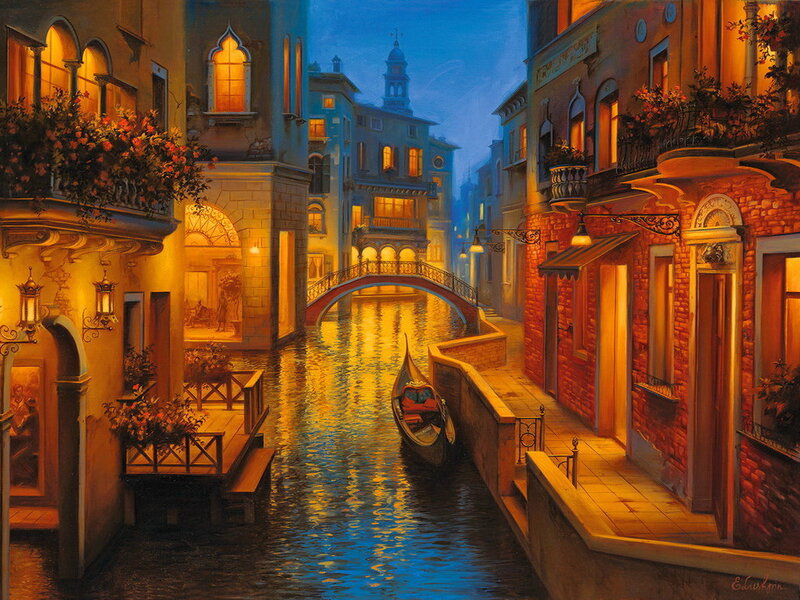 Gondola in Venetian Canal — Blue