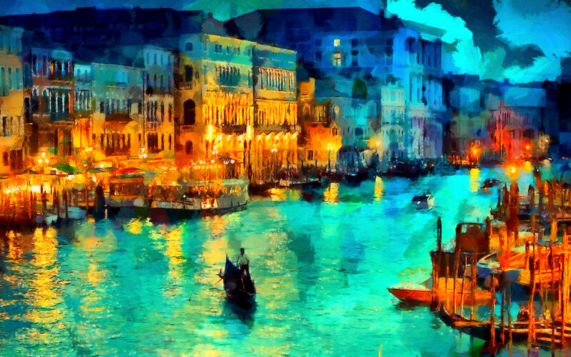 Gondola on Canal — Blue, Dramatic, Night, Painting