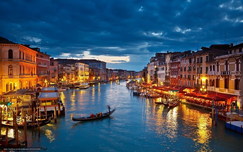Gondola on Canal — Blue, Dramatic, Night, Photograph, Buildings, Boats