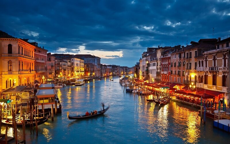 Gondola on Canal — Blue, Dramatic, Night, Photograph, Buildings