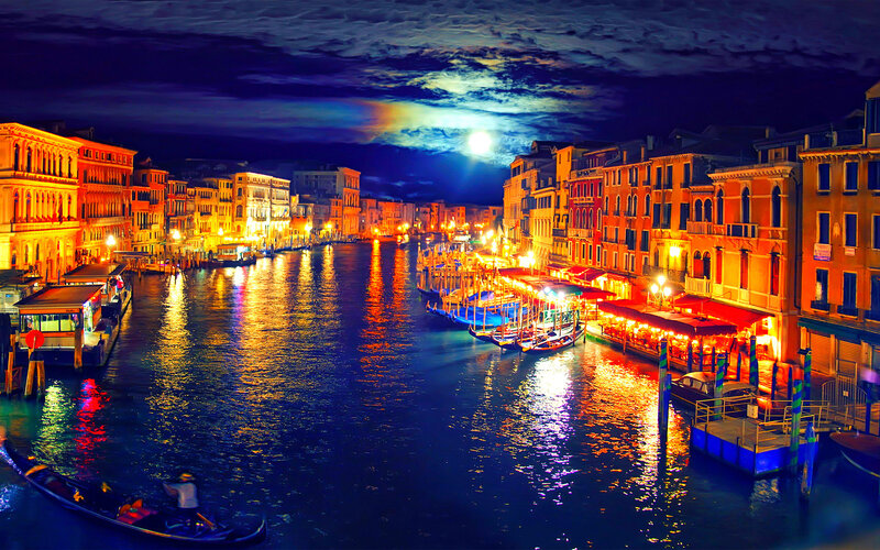 Gondola on Canal — Blue, Dramatic, Night, Photograph