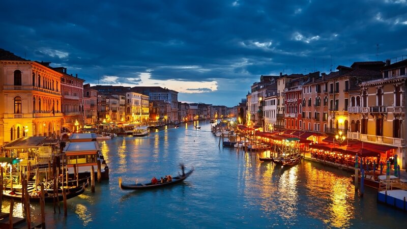 Gondola on Canal — Blue, Dramatic, Night