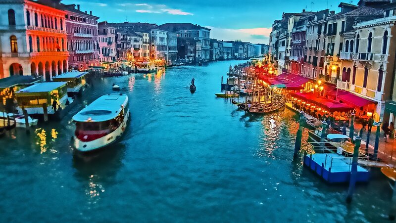 Gondola on Canal — Blue, Dramatic, Sunset, Photograph