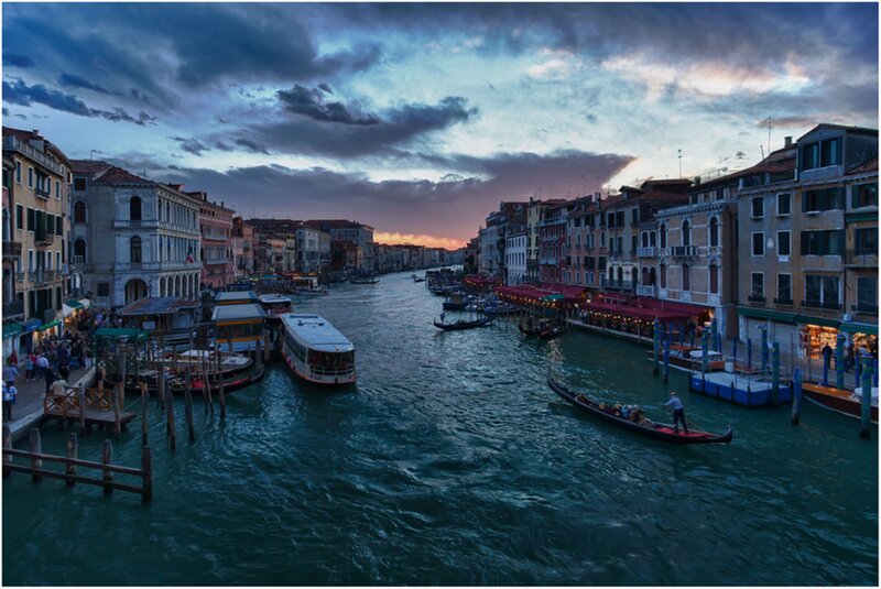 Gondola on Canal — Blue, Dramatic, Sunset