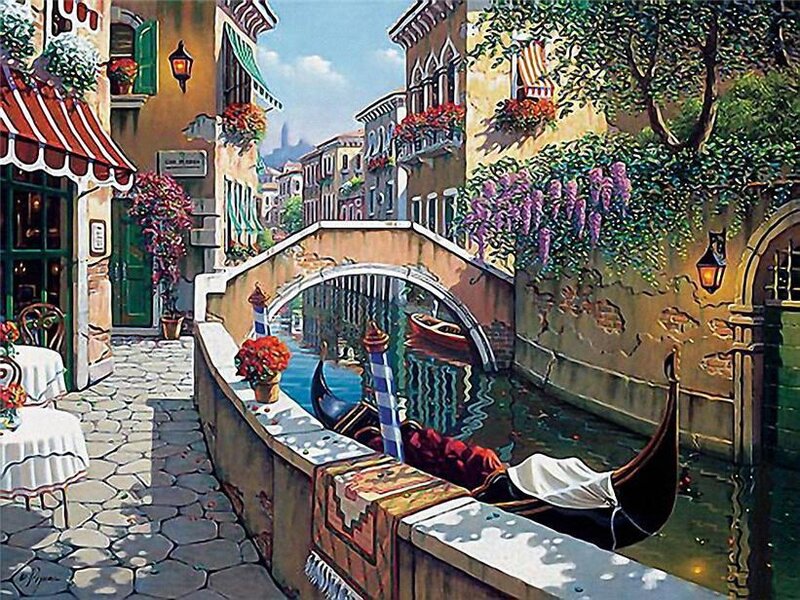 Gondola on Canal — Blue, Serene, Afternoon, Painting, Bridge, Buildings, Flowers