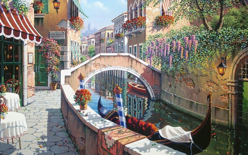 Gondola on Canal — Blue, Serene, Afternoon, Painting, Bridge, Cafe