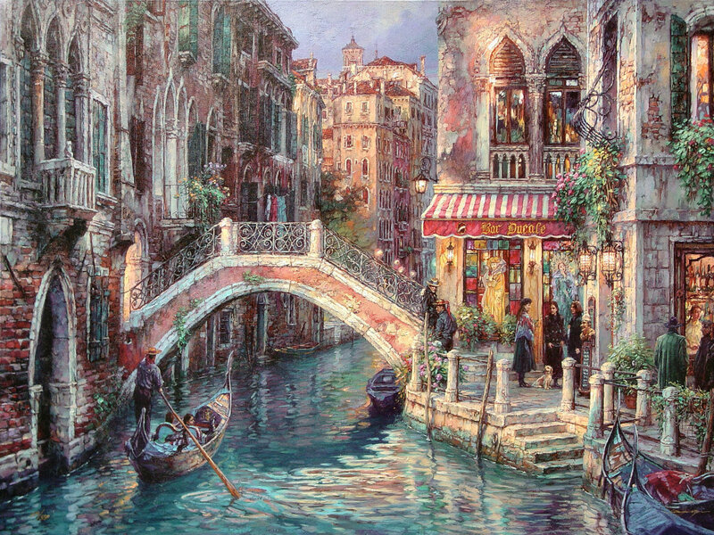 Gondola on Canal — Blue, Serene, Afternoon, Painting, Bridge