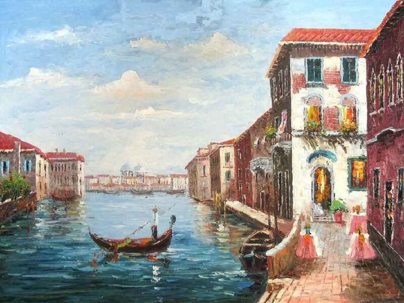Gondola on Canal — Blue, Serene, Afternoon, Painting, Buildings