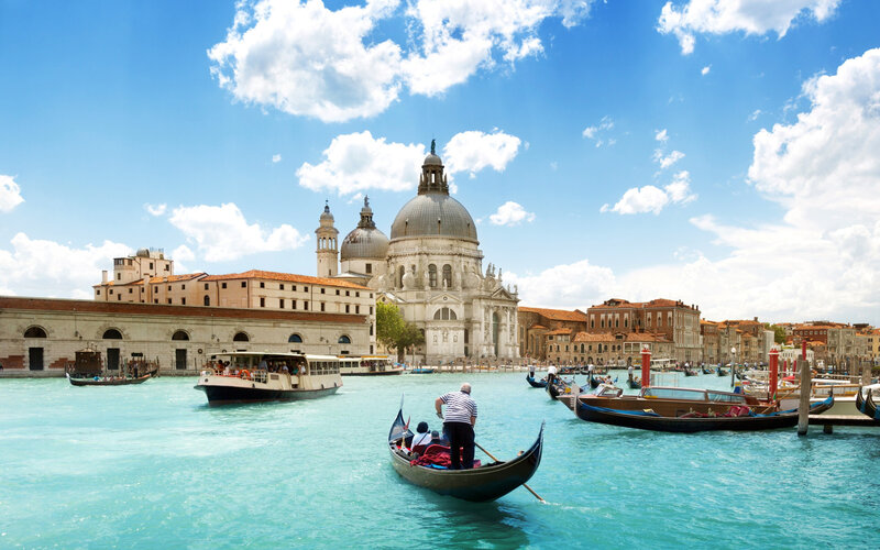 Gondola on Canal — Blue, Serene, Afternoon, Photograph, Boat, Building, Dome