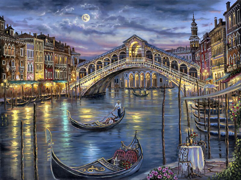 Gondola on Canal — Blue, Serene, Night, Painting, Bridge, Buildings