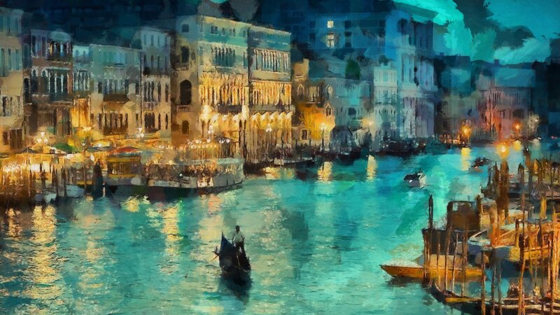 Gondola on Canal — Blue, Serene, Night, Painting, Buildings