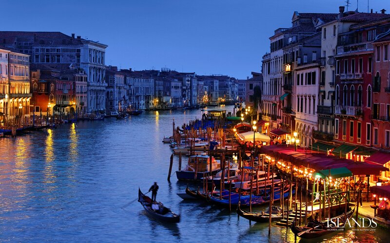 Gondola on Canal — Blue, Serene, Night, Photograph, Buildings