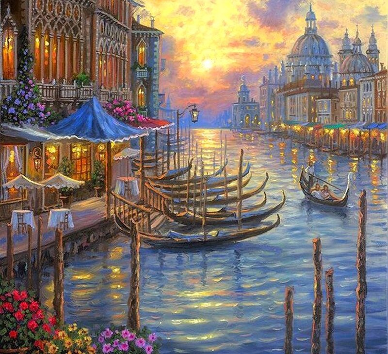 Gondola on Canal — Blue, Serene, Sunset, Painting, Buildings, Gondolas