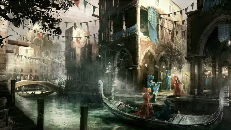 Gondola on Canal — Green, Dramatic, Afternoon, Digital Art