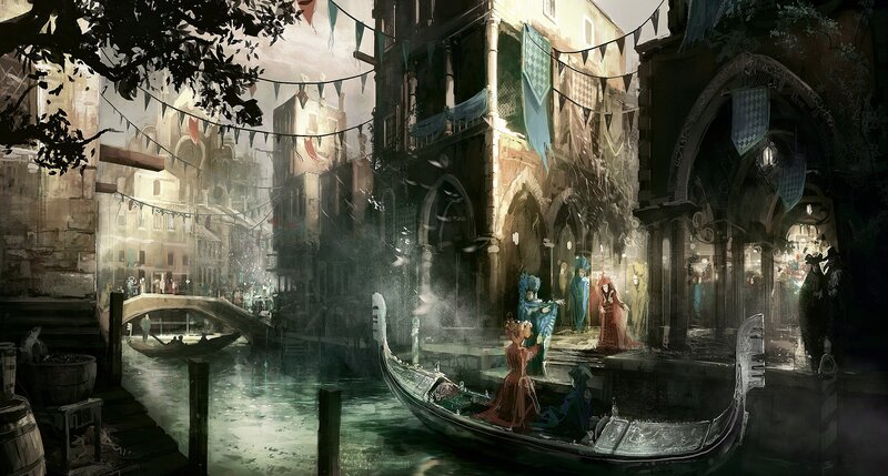 Gondola on Canal — Green, Dramatic, Night, Digital Art