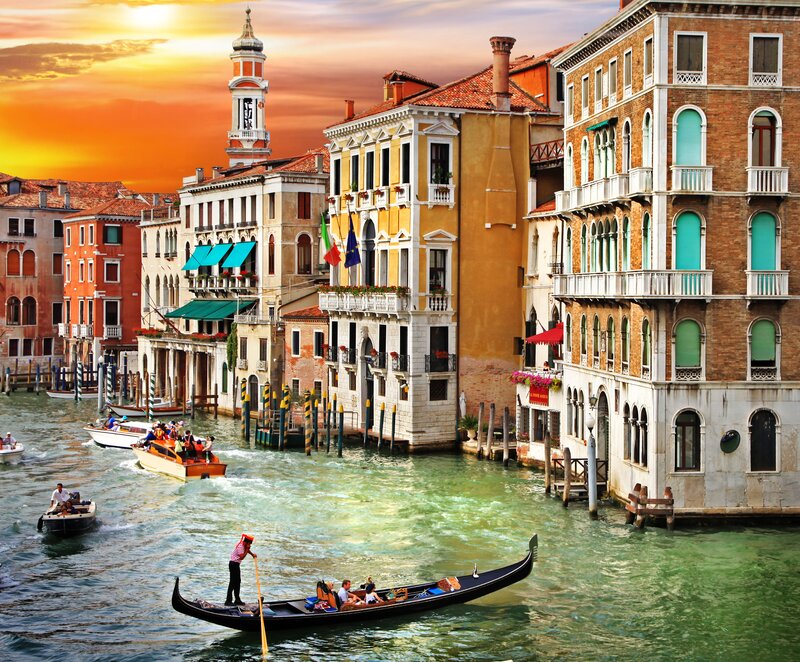 Gondola on Canal — Orange, Dramatic, Sunset, Photograph