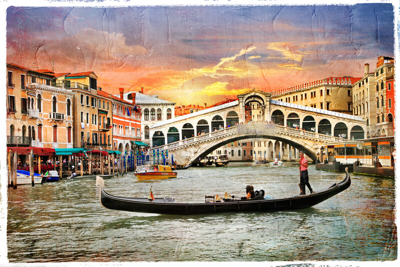 Gondola on Canal — Orange, Dramatic, Sunset