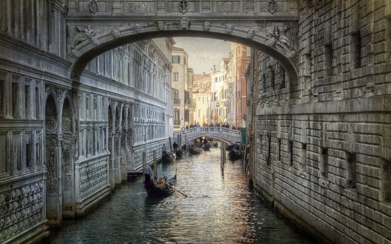 Gondola under Stone Bridge — Gray, Serene